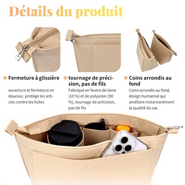 Organiseur sac Longchamp GADITIEK feutre beige compartiments