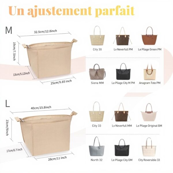 Organiseur sac Longchamp GADITIEK feutre beige compartiments